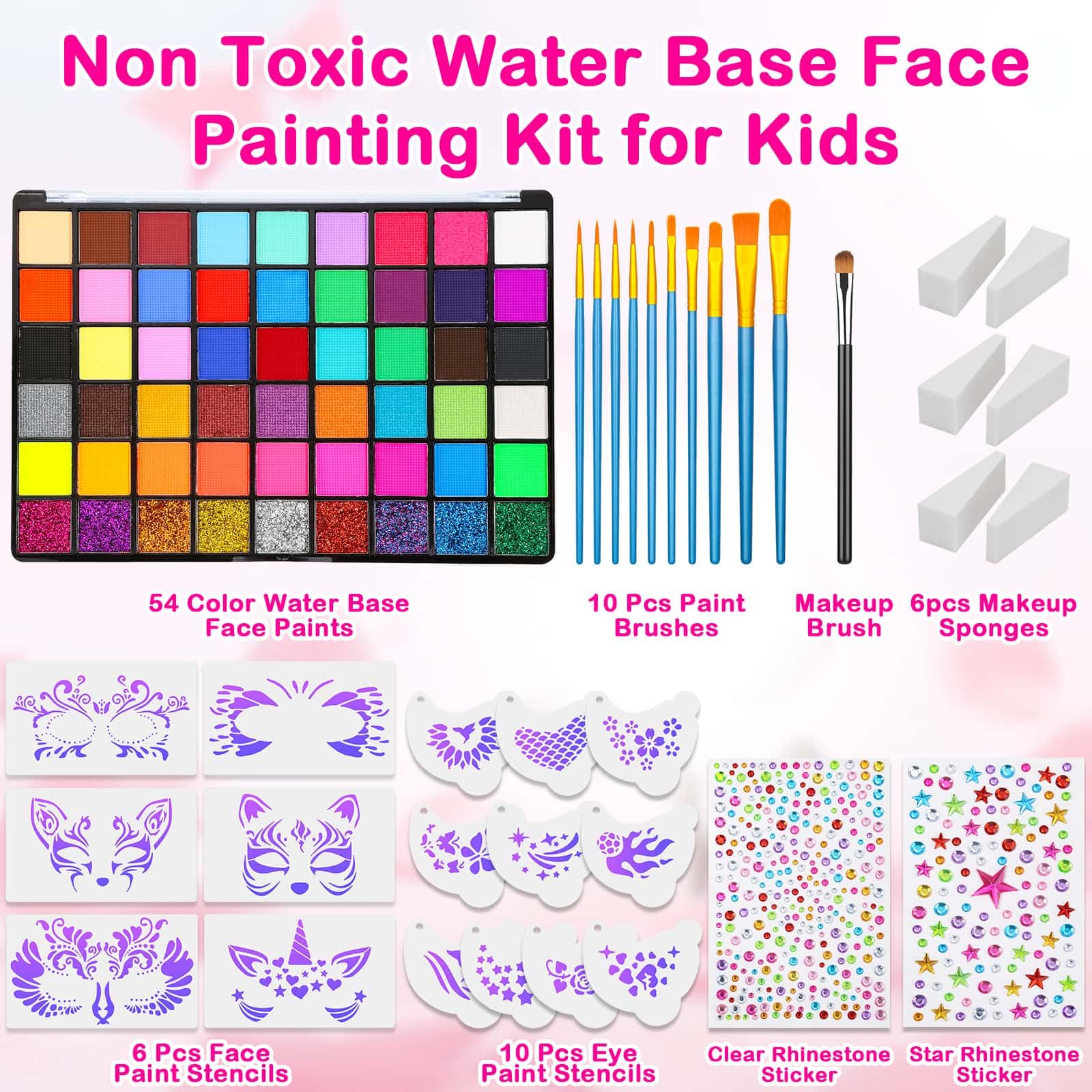Kit profesional de pintura facial para niños y adultos, kit de maquillaje de cosplay activado por agua de 54 colores, pintura corporal no tóxica con plantillas, gemas, pinceles, para Halloween 3