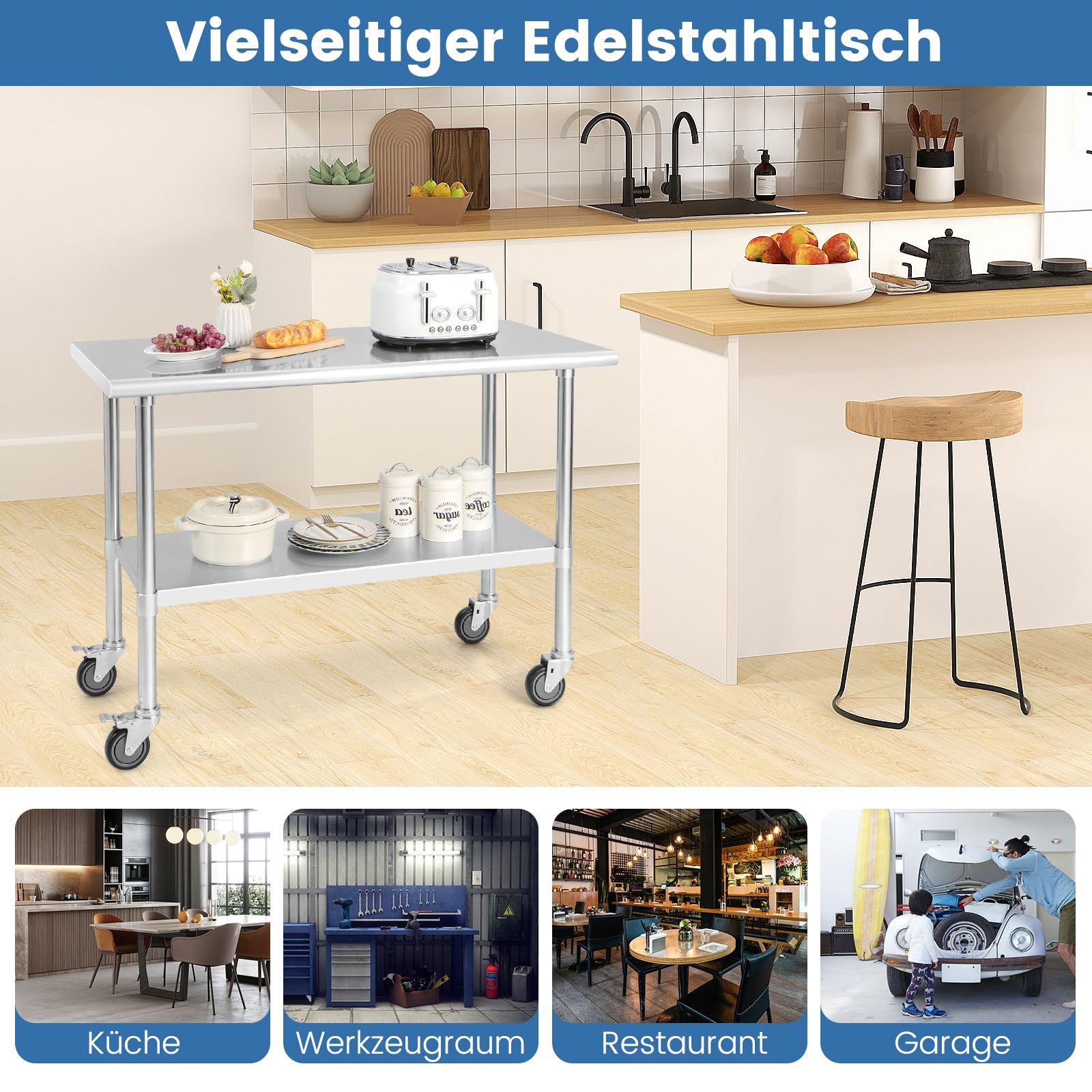 COSTWAY Arbeitstisch Edelstahl, Küchentisch Edelstahltisch mit Höhenverstellbarer Ablage, Zubereitungstisch mit abschließbaren Rollen, Ablagetisch für Küche Restaurant, Silber