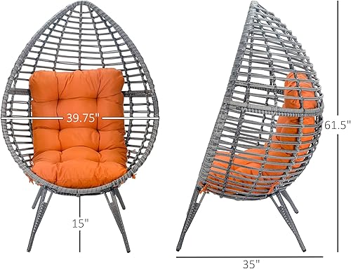 Miniatura 3 de Outsunny Silla de mimbre para patio con cojín suave, asiento de lágrima, silla de patio para exterioresinteriores, muebles de ratán de plástico PE