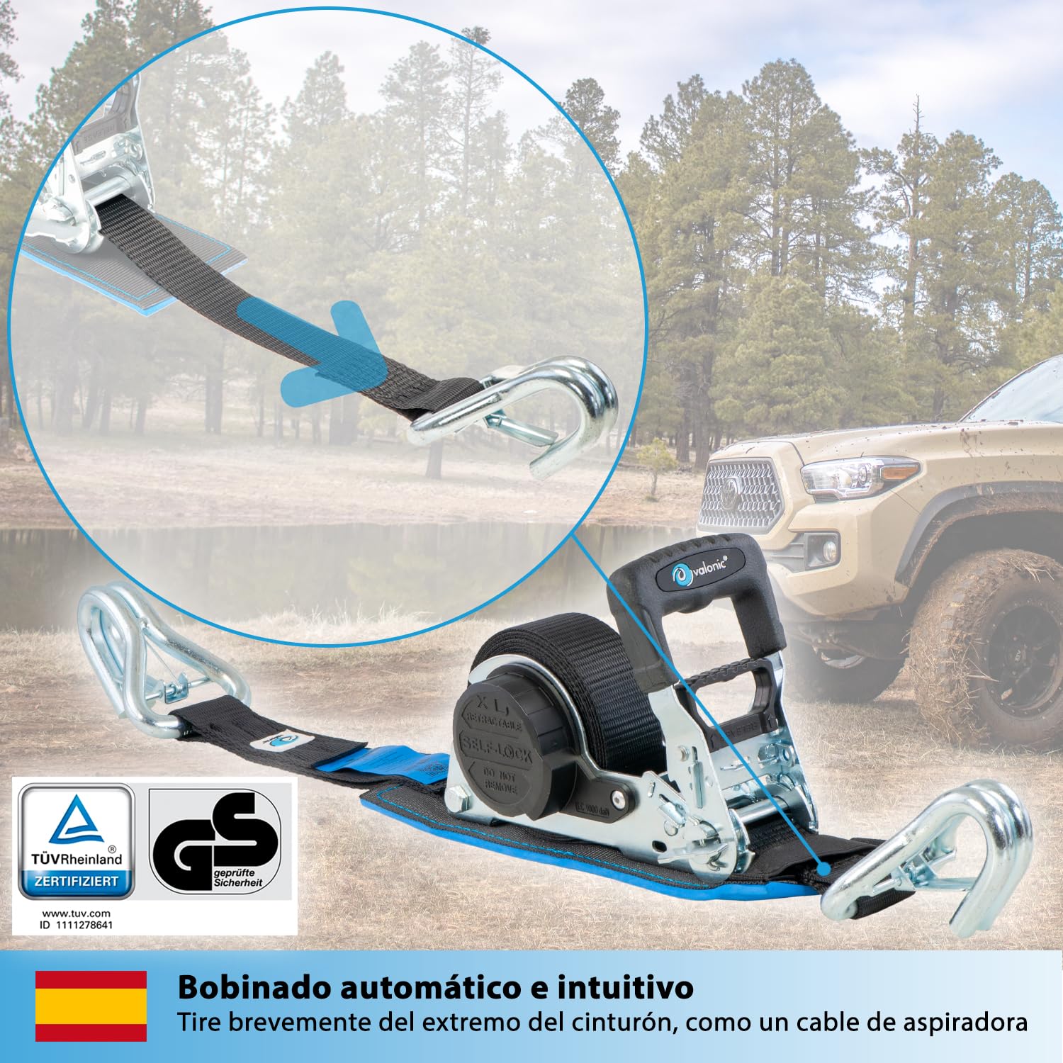 valonic Grizzly - 2X 5m XXL Cinchas de Amarre automáticas con mosquetón, 35mm, 800/1600 KG, Acolchadas, Certificado TÜV Rheinl. & GS, EN-12195-2 - con trinquete, Negro