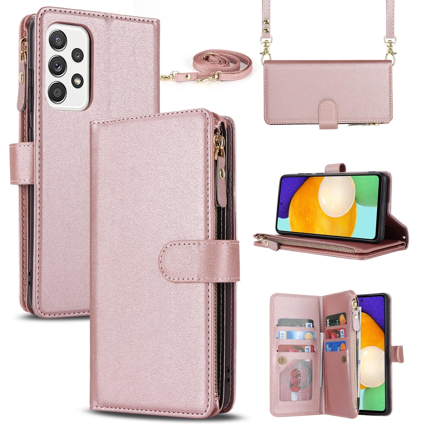 iCoverCase for Samsung Galaxy A52 5G Wallet Case with Card Holder for Women, Crossbody Lanyard Strap Kickstand PU Leather Case with Zipper Pocket