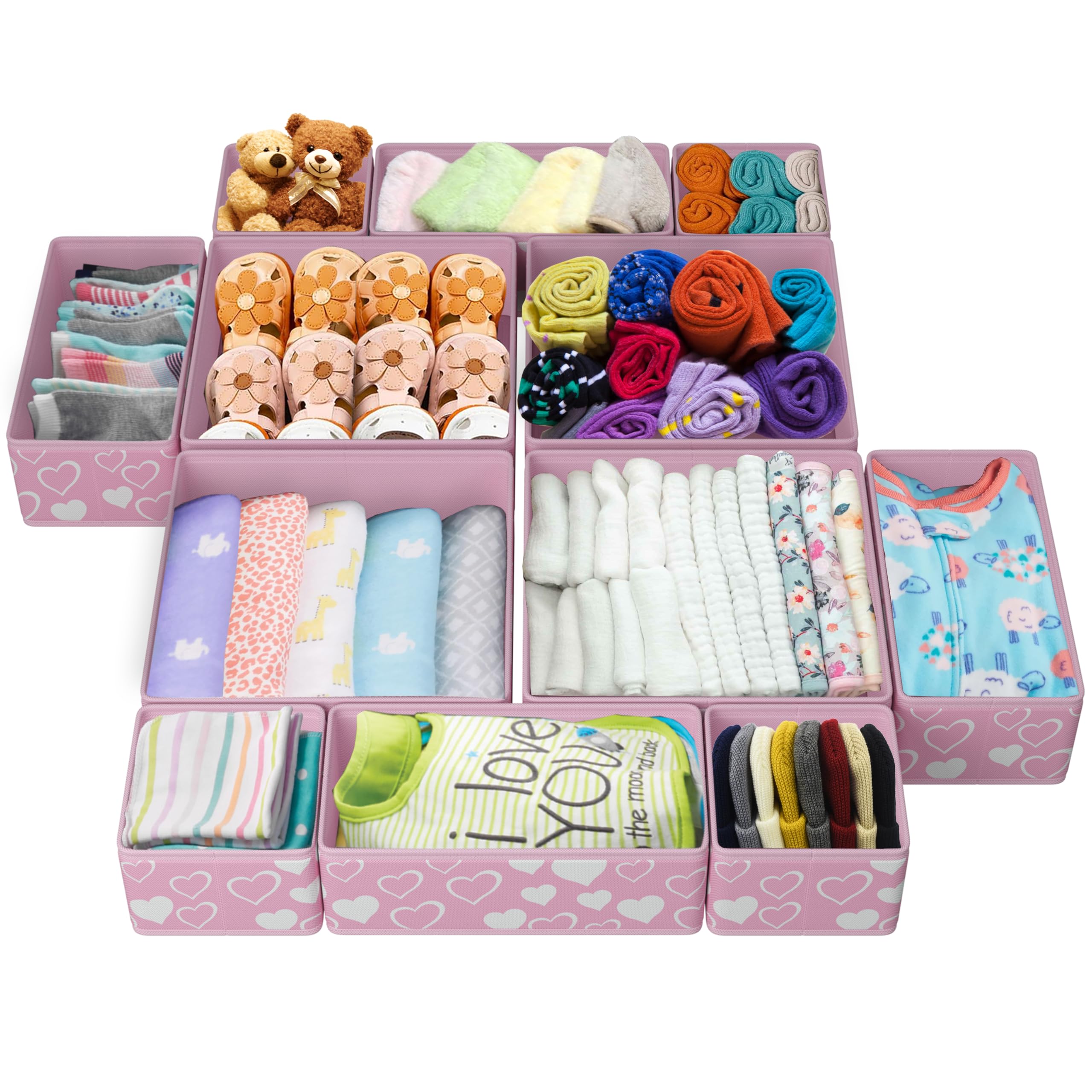 DECOGAR Drawer Organizer for Clothing - Pink with White Hearts | 12-Pack | Foldable | Nursery Storage