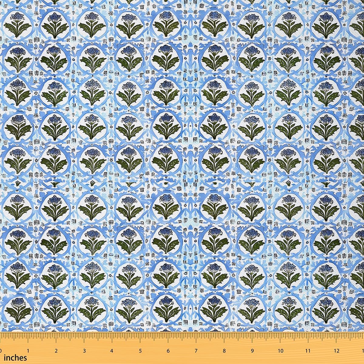jejeloiu Vintage Floral Spring Upholstery Fabric for Chairs 2 Yards Blue Block Print for Home DIY Projects, Waterproof Indoor Outdoor Decor Set Boho Fabric by The Yard Farmhouse Retro
