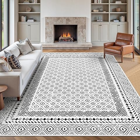 SHACOS 6x9 Boho Moroccan Area Rugs for Living Room Washable Non-Slip Low Pile Soft Accent Rug Large Carpet for Bedroom Dining Room Vintage Diamond Rug, White Black