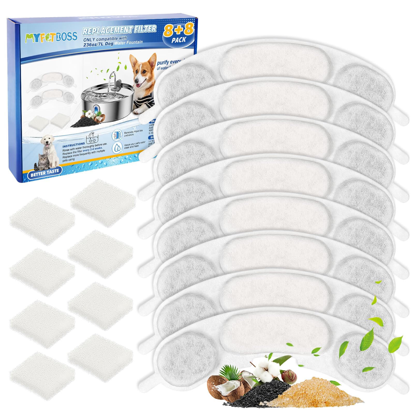 MyfatBOSS 8+8 Packs Replacement Filters Compatible with Smartoo 236oz/7L Stainless Steel Dog Water Fountain, Multilayer Filtration System Pet Dog