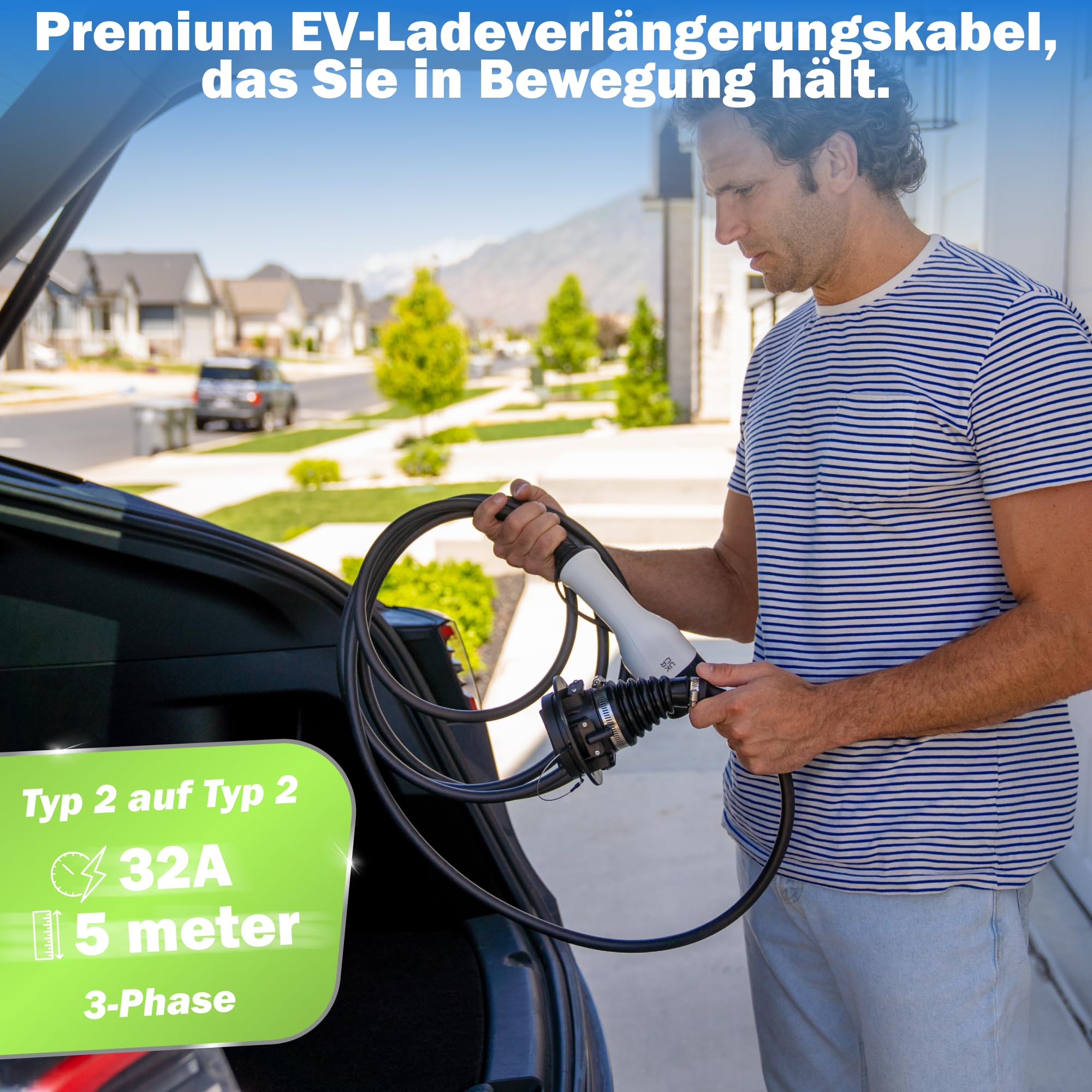 EV + Elektryczny Przedłużacz Kabla do Ładowania Typu 2 do Typu 2 IEC 62196, 5 M Kabel do Pojazdów Elektrycznych i PHEV, Przenośny Kabel do Ładowania Samochodowy Elektrycznych 3-Faza 32A (22 kW)