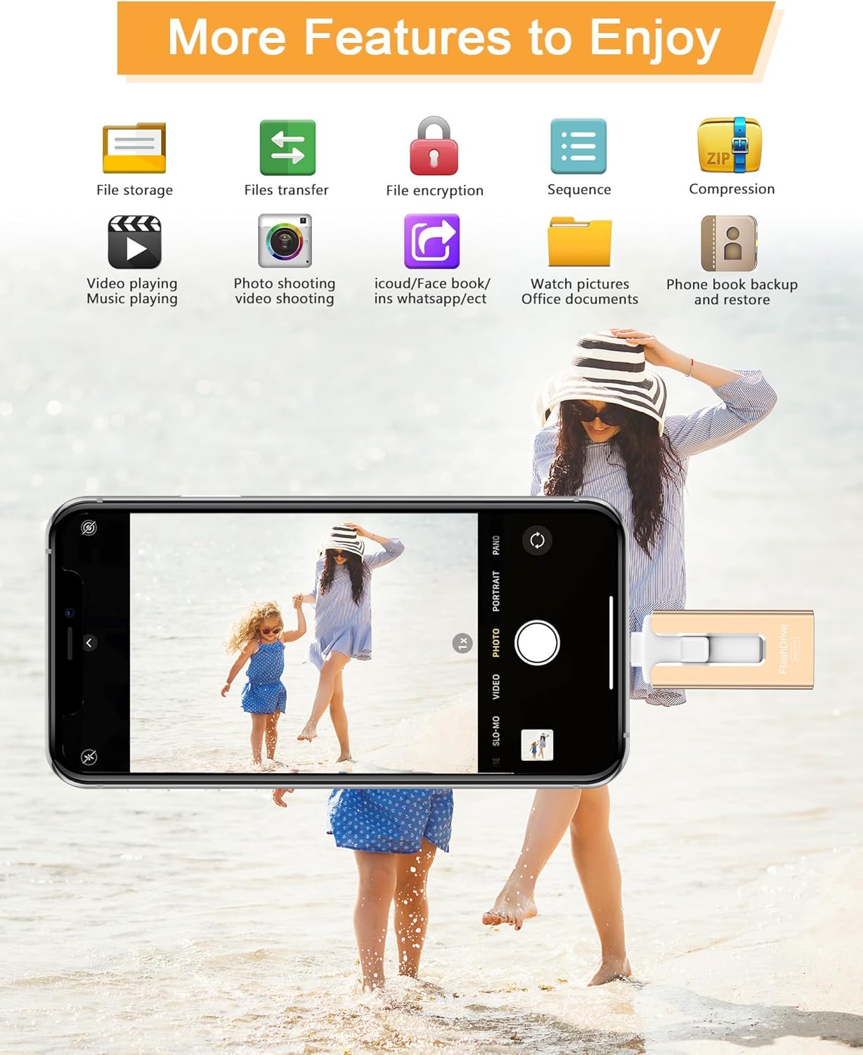 GNASEET 256GB USB Flash Drive for Phone and Pad, Photo Stick High Speed External USB Thumb Drives Photo Storage Memory Stick for Save More Photos and Videos (Gold, 256GB)