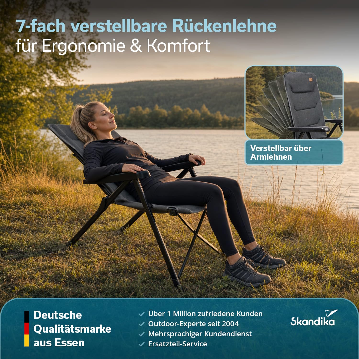 Skandika Klappstuhl Lepola | Campingstuhl faltbar aus Aluminium, Alu-Gartenstuhl, 7-Fach verstellbare Rückenlehne, 180kg belastbar, klappbar, hohe Lehne, Kopfstütze | Camping, Garten