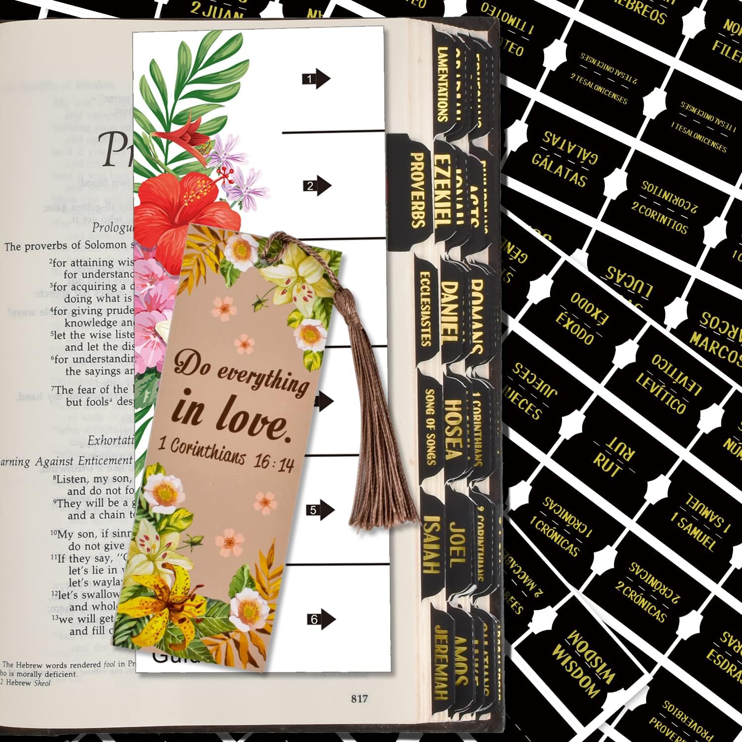 Bible Index Tabs New & Old Testament Tabs Matte Laminated Floral Design, Bible Journaling Supplies - 122 Pcs (Black- Gold Foil)