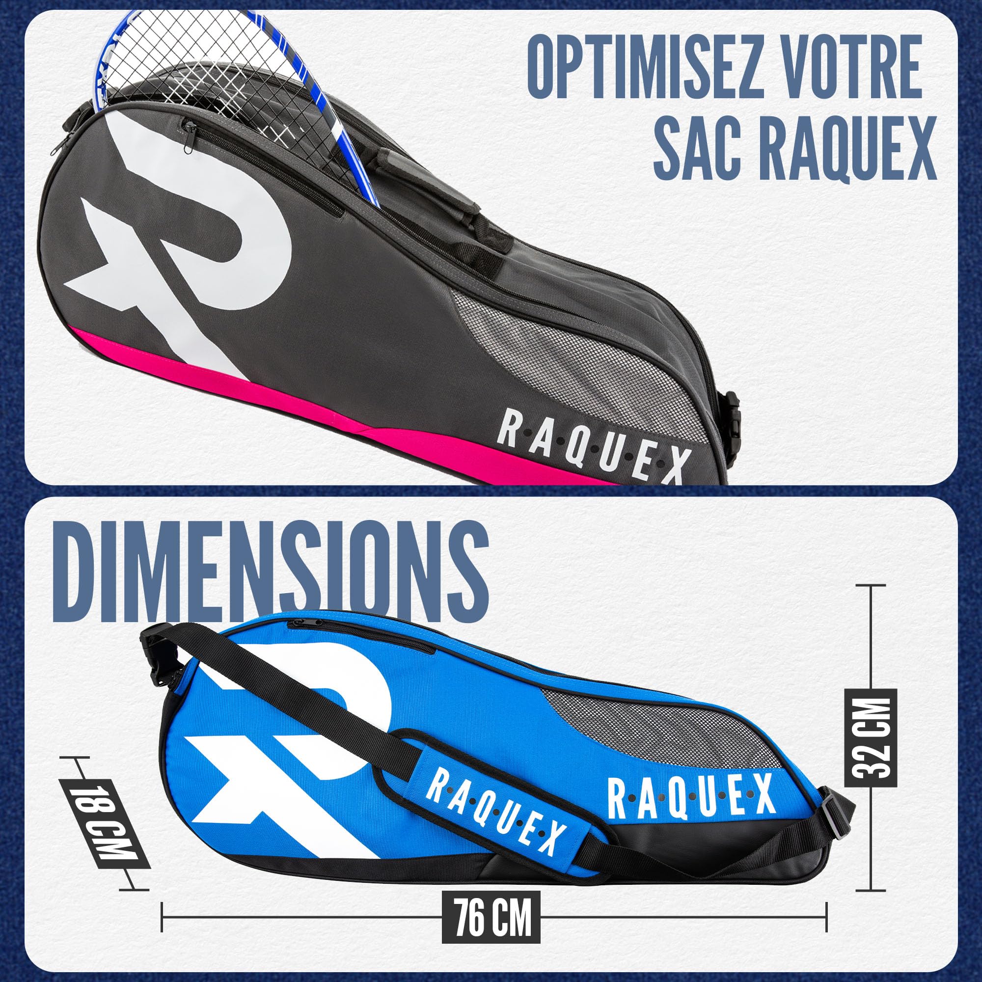 Raquex Sac de Tennis - Sac à Raquettes pour Tennis, de Badminton et de Squash. Bleu, Noir ou Magenta. Sac de Badminton, Peut Contenir jusqu'à 6 Raquettes + Accessoires + Baskets