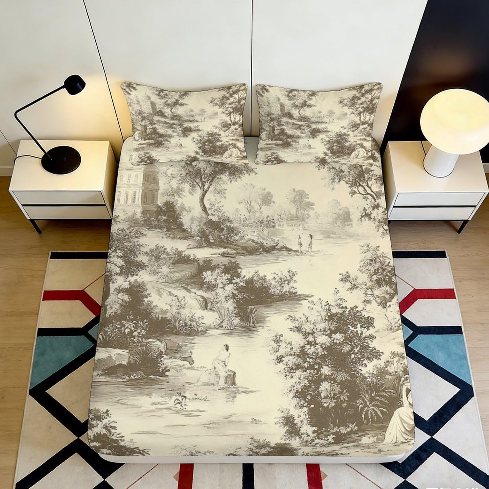 3D Printed Vintage Landscape Fitted Sheet Microfiber Soft Breathable Countryside Scene Mattress Cover for Bedroom Decor 90x200x25cm