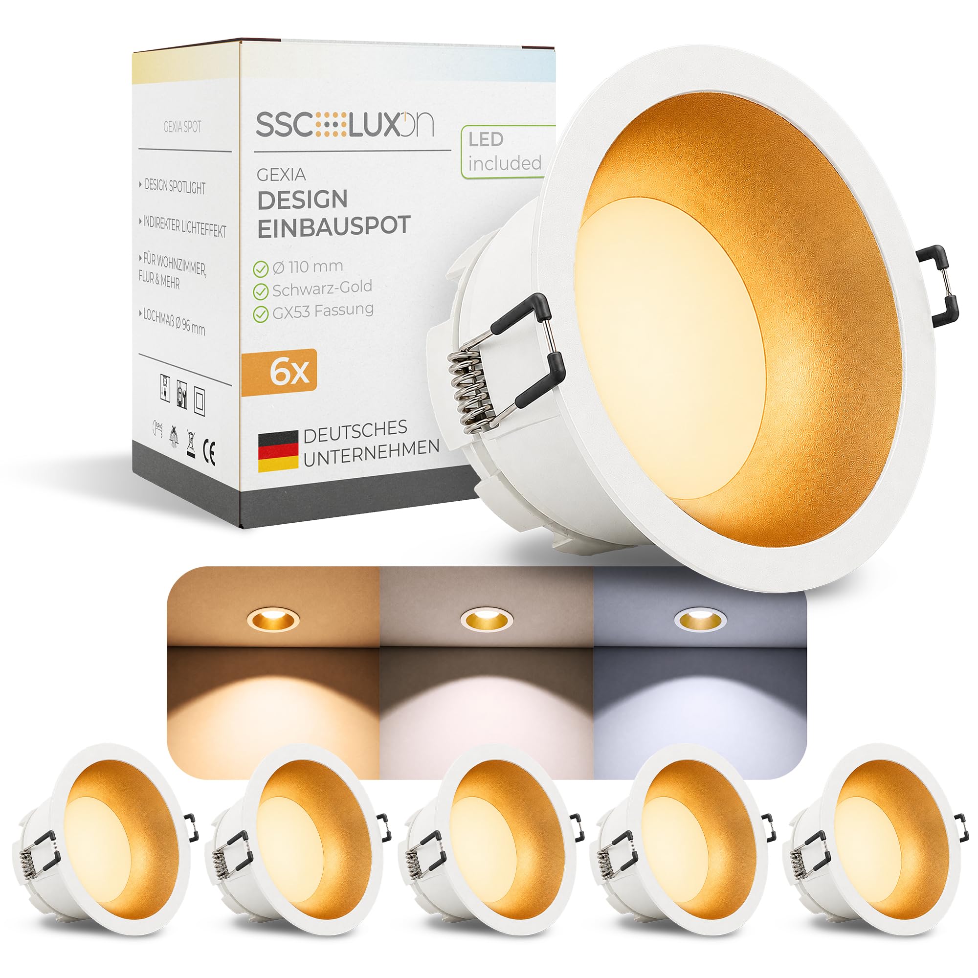 SSC-LUXon 6 Stück GEXIA Einbauspots weiß gold Ø 110mm inkl. LED Leuchtmittel 6W dimmbar 230V - Einbaustrahler mit drei Lichtfarben