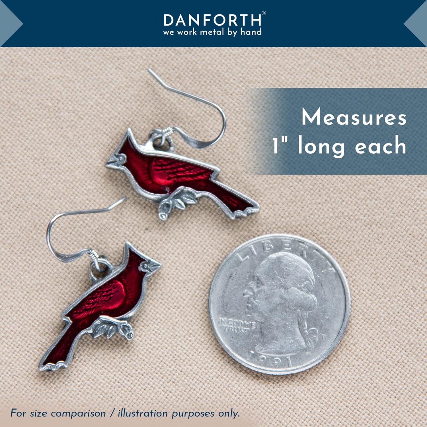DANFORTH – Red Cardinal Earrings with Surgical Steel Wires – Handcrafted Pewter Bird Earrings – 1” - Made In USA