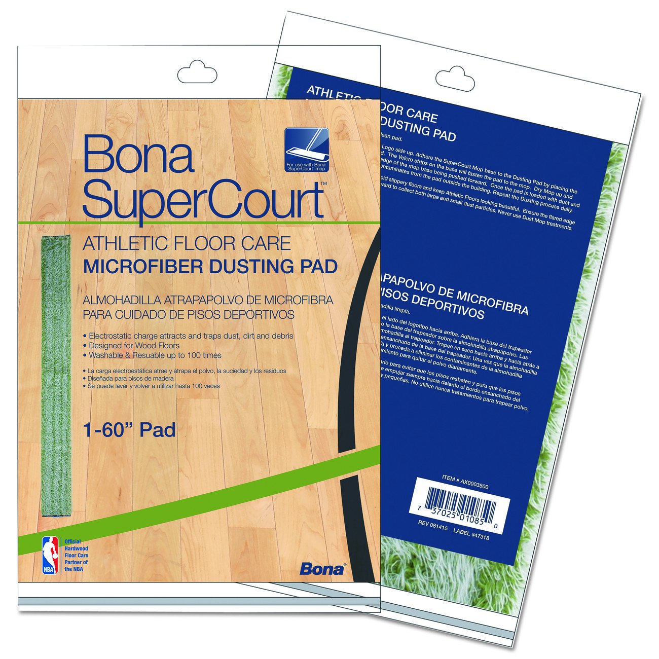 Bona Supercourt Athletic Floor Care Microfiber Dusting Pad, 60", Green