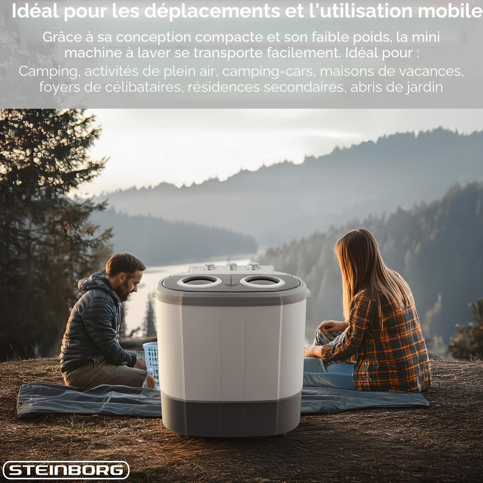 Steinborg Mini machine à laver avec essoreuse – 2 compartiments Toploader, capacité de lavage jusqu'à 3 kg, chambre d'essorage jusqu'à 1 kg, machine à laver compacte idéale pour le camping, les