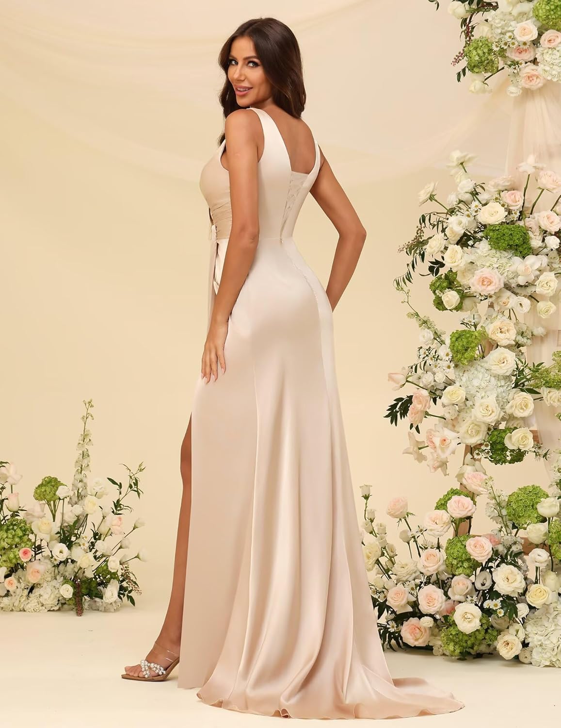 Rjer Womens V Neck Satin Bridesmaid Dresses with Slit Mermaid Bodycon Evening Party Dress