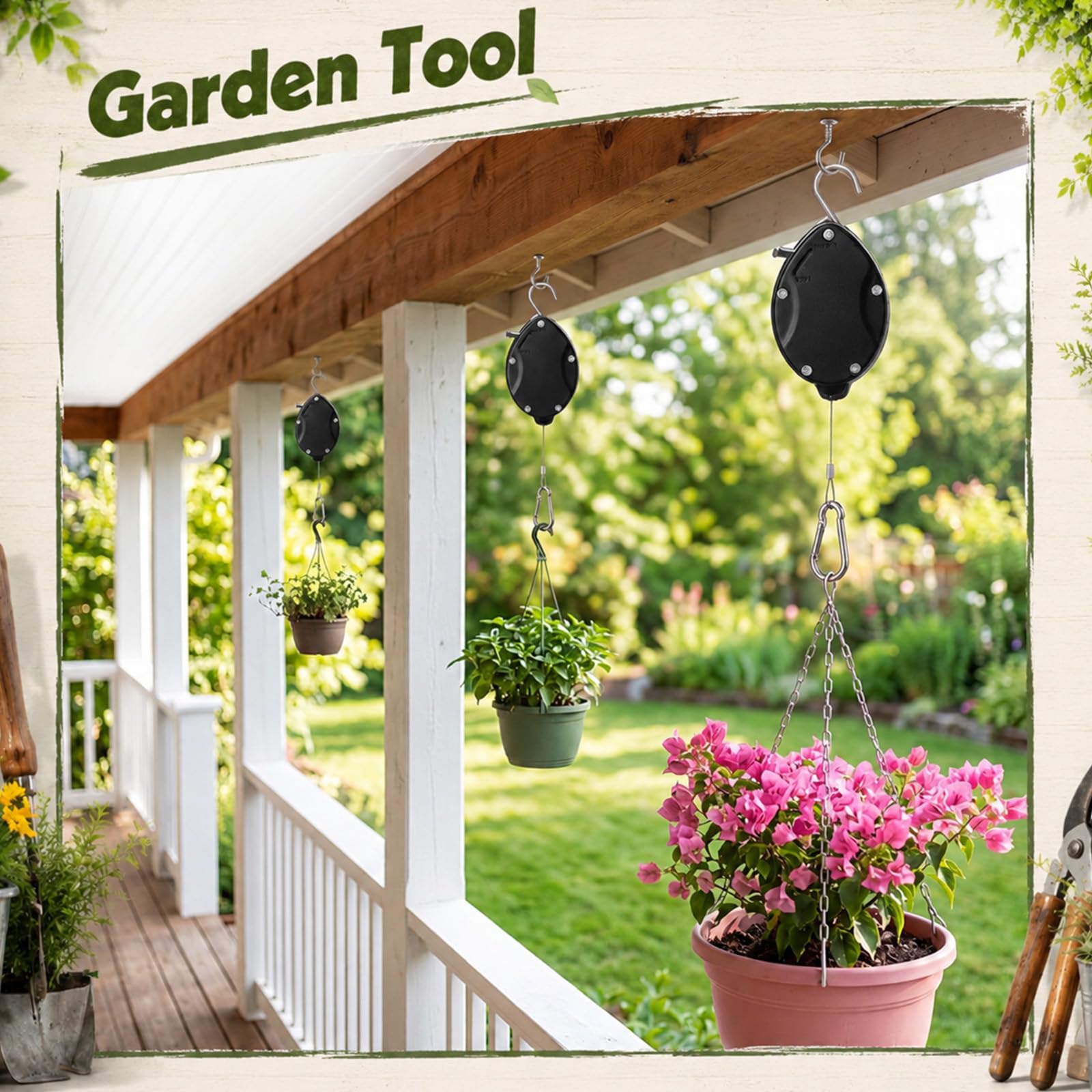 Flutesan Lot de 6 cintres rétractables avec 6 crochets de plafond en métal, poulies pour plantes suspendues, verrouillage automatique, crochets réglables pour panier de jardin, mangeoire à oiseaux et