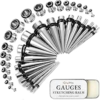 BodyJ4You 37PC Beginner Ear Stretching Kit 14G-00G: Steel Tapers, Single Flare Plugs, Tunnels & Aftercare Balm