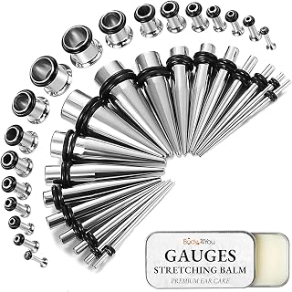 BodyJ4You 37PC Beginner Ear Stretching Kit 14G-00G: Steel Tapers, Single Flare Plugs, Tunnels & Aftercare Balm