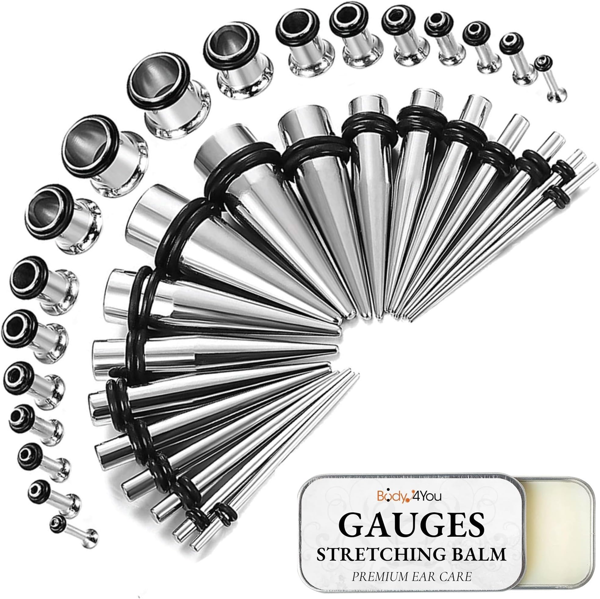 BodyJ4You 37PC Gauges Kit Ear Stretching Aftercare Balm 14G-00G Surgical Steel Tunnel Plug Taper Set