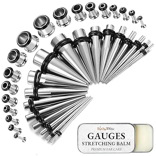 BodyJ4You 37PC Ear Stretching Kit - 14G-00G Beginner Gauges - Aftercare Balm Wax - Surgical Steel Tapers Single Flare Plugs Tunnels - Stretchers Expanders Eyelets