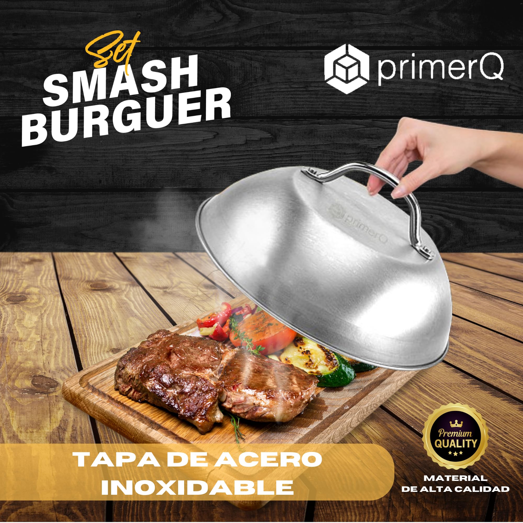 Smash Burger Set XL Profesional - Kit 5 Piezas utensilios de Acero Inoxidable + 50 Papeles Antiadherente - Certificado EU alimenticio - Prensa Hamburguesa - Smasher Premium -mazos carne