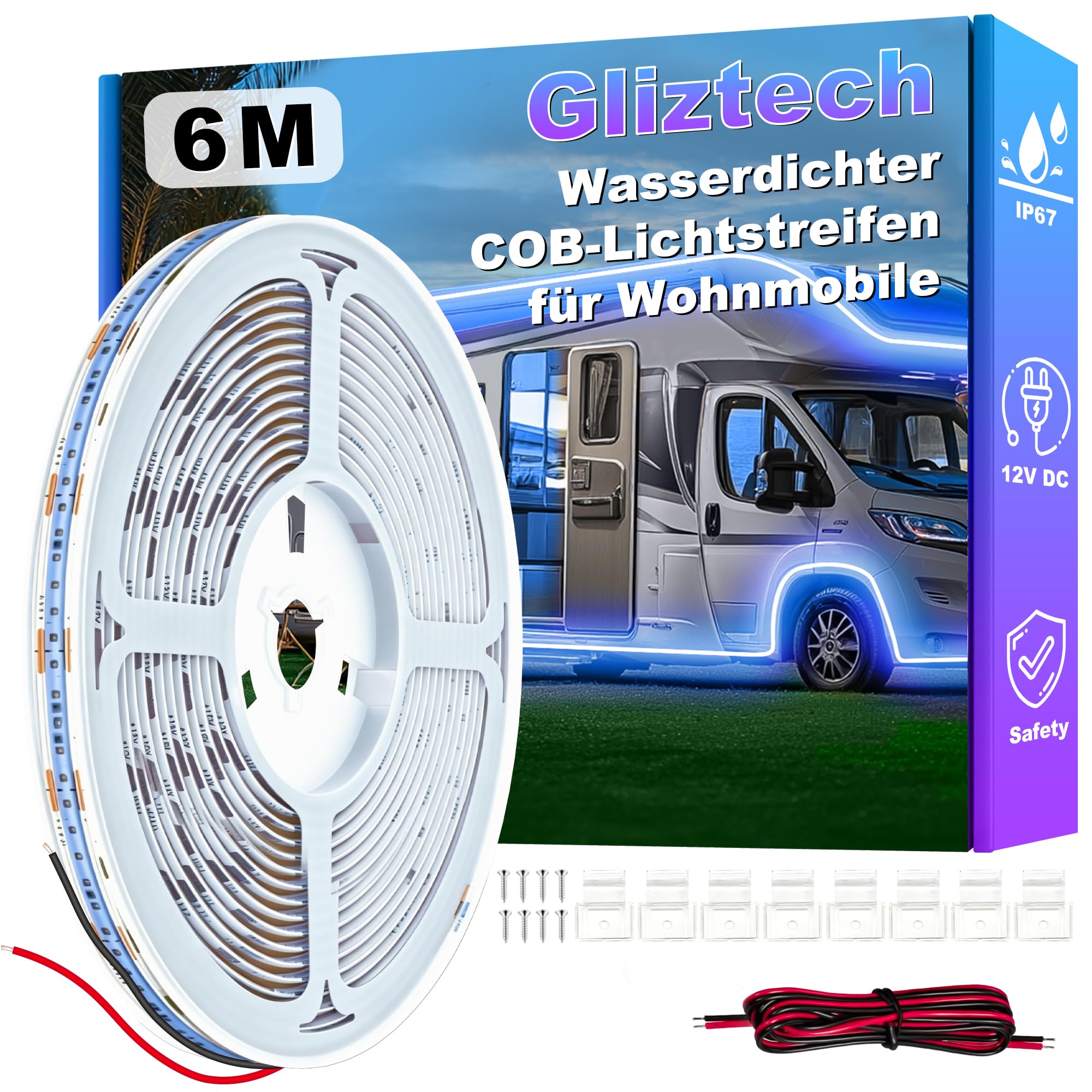 Gliztech 12V LED Lampen für Wohnmobile, Camper Markisenleuchten für Wohnmobil-Außenbereich, IP67 LED Streifen Aussenbereich COB wasserdichte LED für Markise Wohnmobile, Reisefeiern (Blau, 6m)