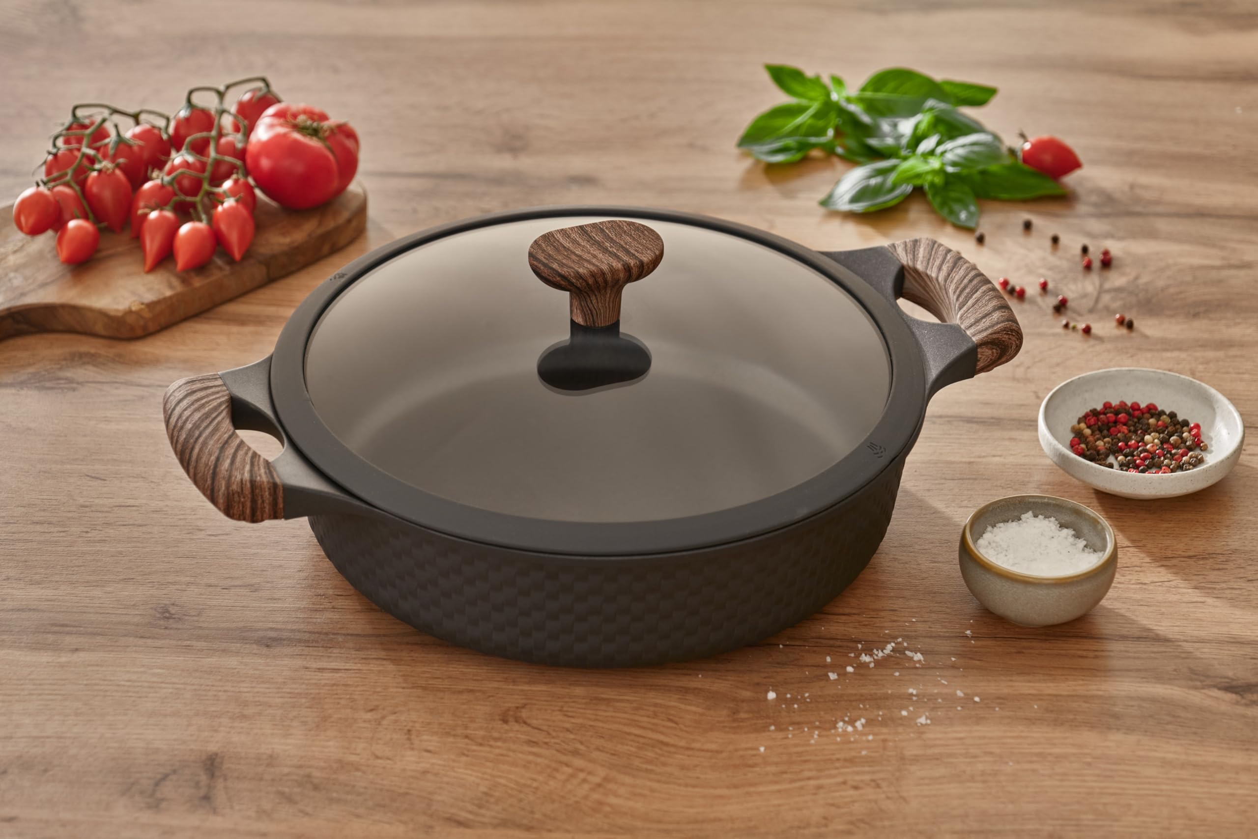 RESTO 93906 brytfanna ze szklaną pokrywką Ø 28 cm czarna 4,1 l – stylowy garnek do duszenia z powłoką zapobiegającą przywieraniu, indukcja, w pudełku prezentowym