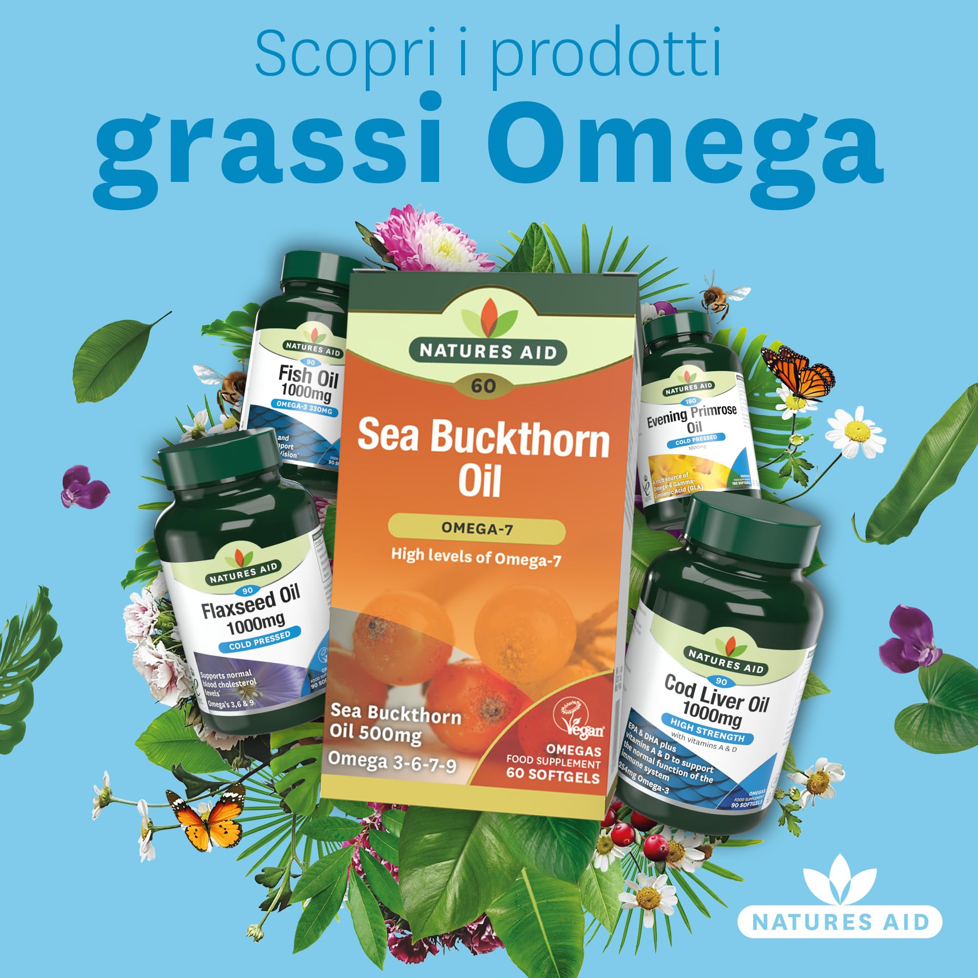 Natures Aid 100% Pure Omega-7 Sea Buckthorn Oil 500mg 60 Vegetarian Softgels