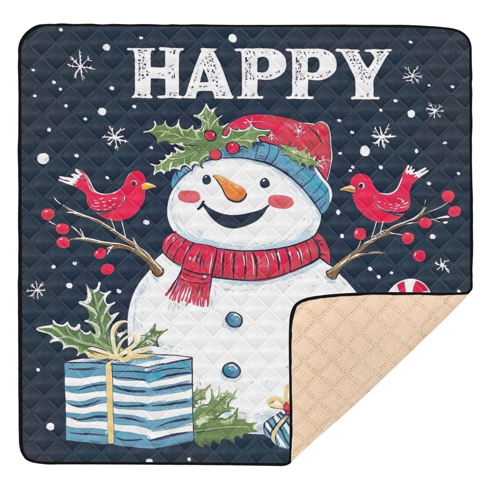 BOESI Doodle Cute Snowman Pattern Baby Play Mat, 50“ X 50” Washable Folding Crawling Mat, Baby Floor Mat, Soft, Thick, Non-Slip