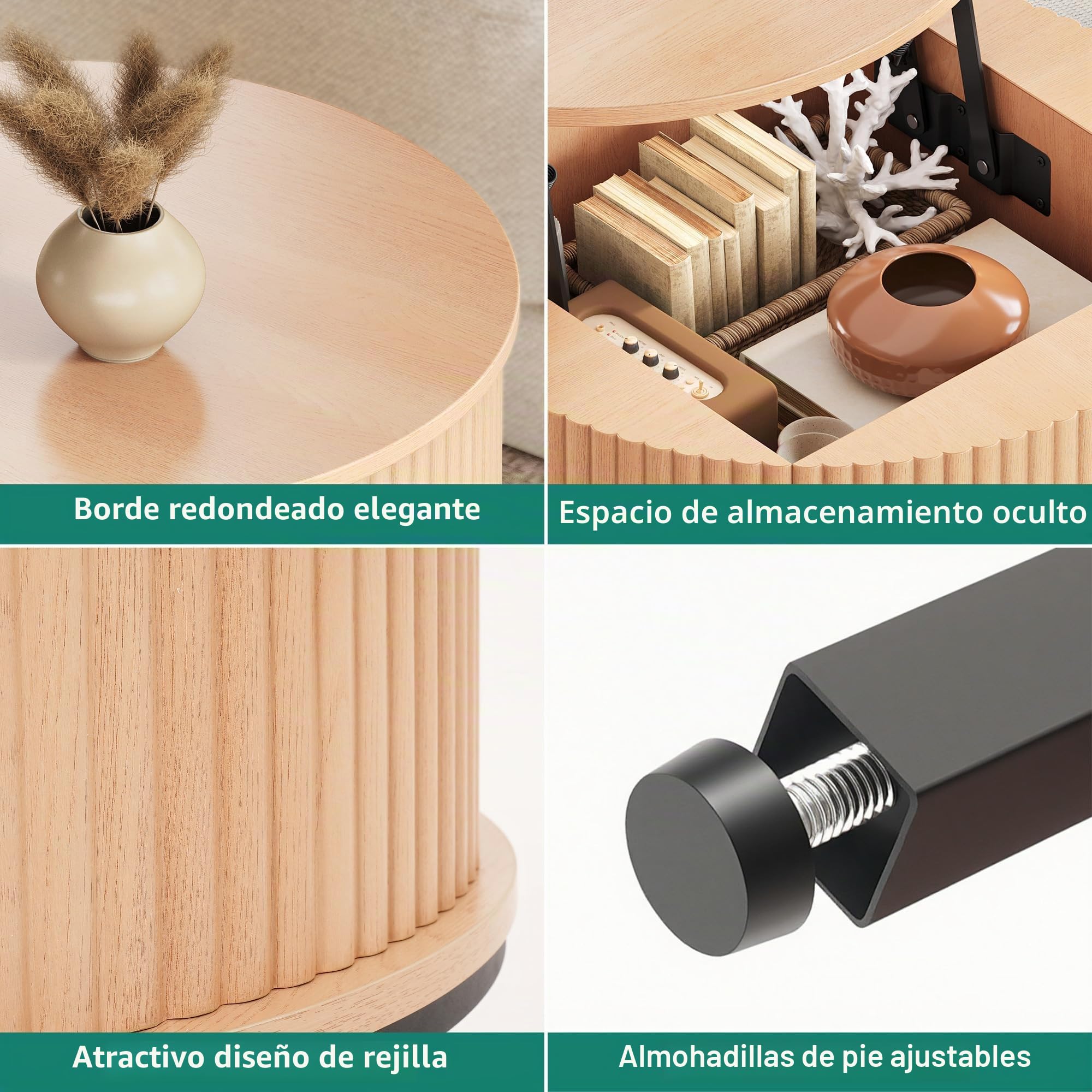 YITAHOME Mesa de Centro Elevable, Mesa Centro Redonda con Espacio de Almacenamiento de Dos Niveles, Mesa de Café Acanalada con Diseño Acanalado y Almacenamiento Oculto para Salón, Color Roble