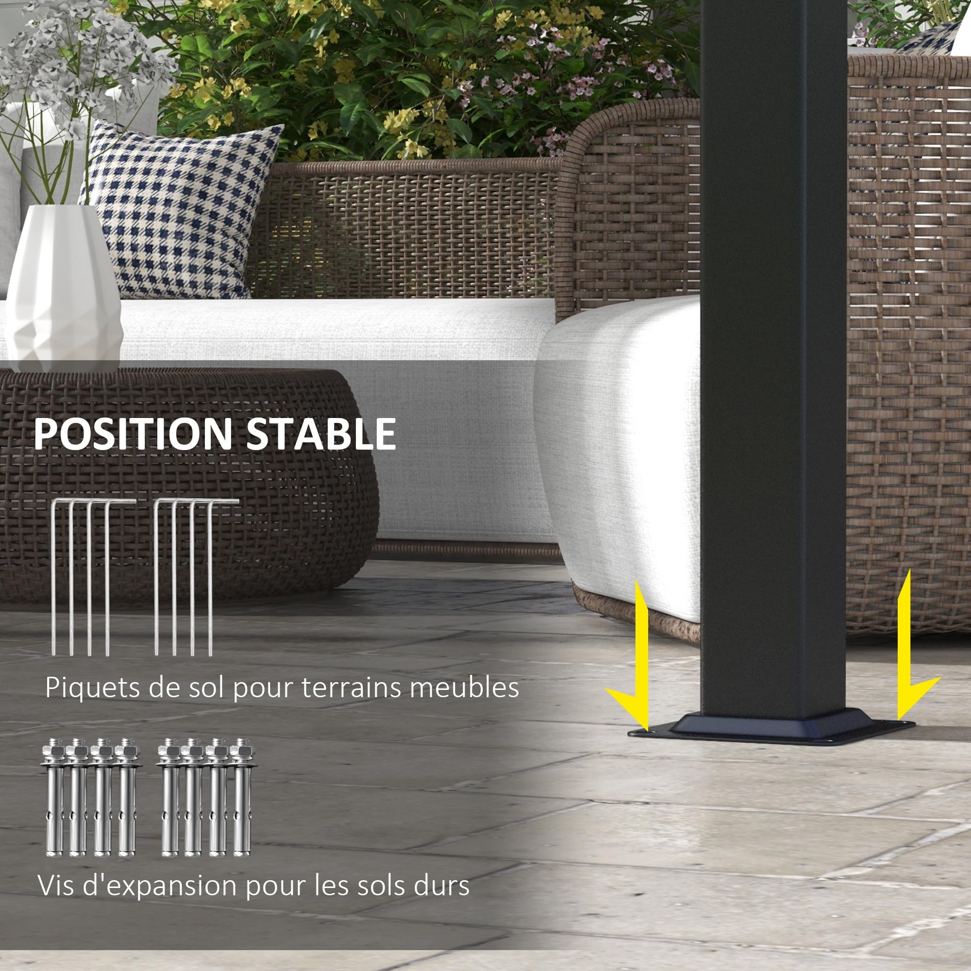 Outsunny Pergola avec 3 Toiles Coulissantes 3 x 3 x 2,38 m, Structure Acier Noir, Toile Polyester Haute Densité Gris Foncé