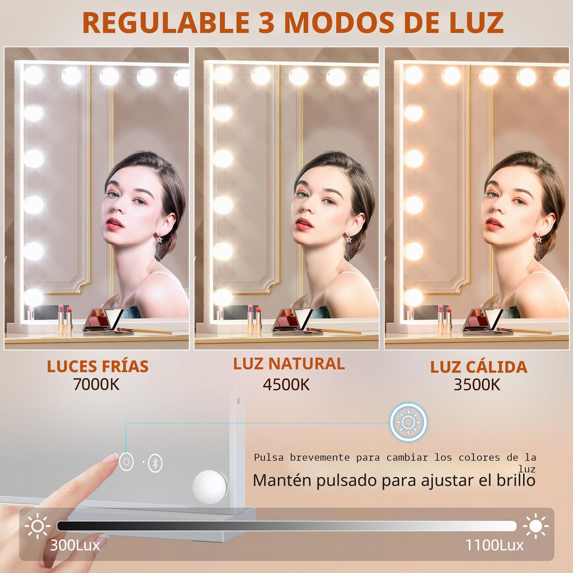 FENCHILIN Espejo Grande de Pared, de Maquillaje con Altavoz. Tocador con 18 Lámparas LED Regulables Puerto de Carga USB. Hollywood con Luz de Mesa 80x58cm