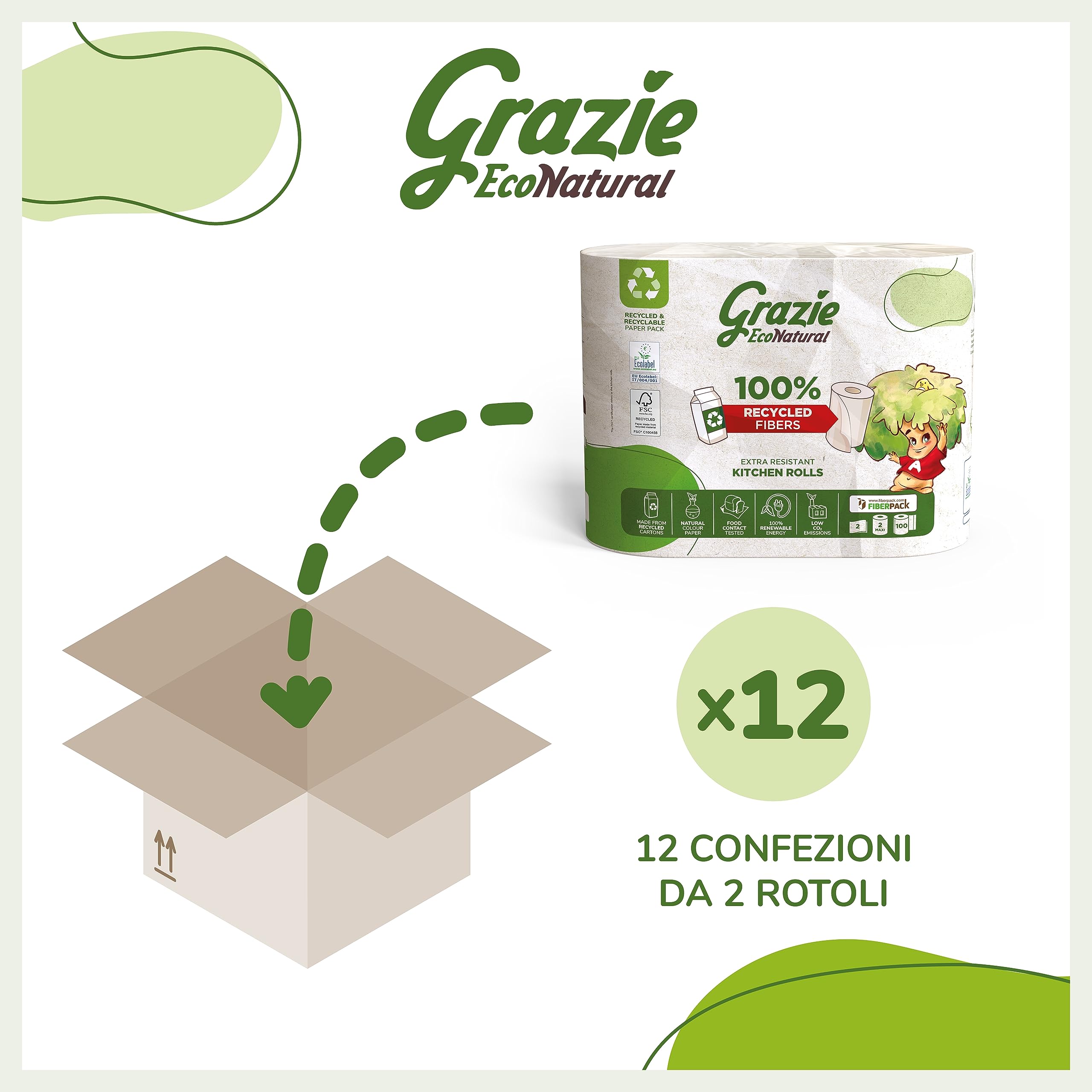 Grazie Natural, Asciugatutto 24 Rotoli, Bobina di Carta Assorbente Realizzata con Carta 100% Riciclata Fiberpack, Certificata Ecolabel e FSC Recycled, Made in Italy