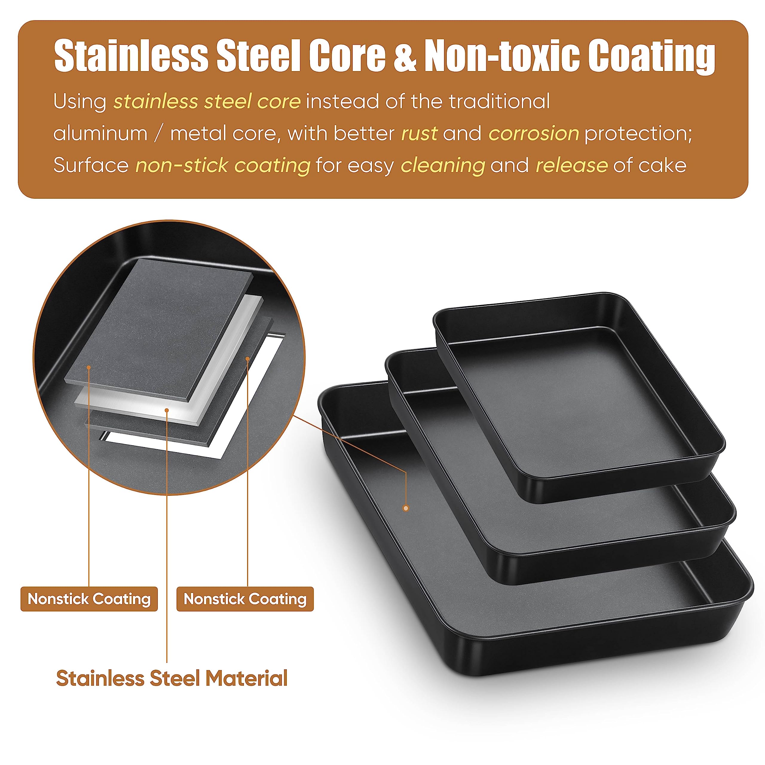 Juego de 3 moldes antiadherentes para hornear, moldes rectangulares de acero inoxidable para horno tostador, 12.5/10.5/9.4 pulgadas, utensilios para hornear negros para brownie lasaña, cacerola 3