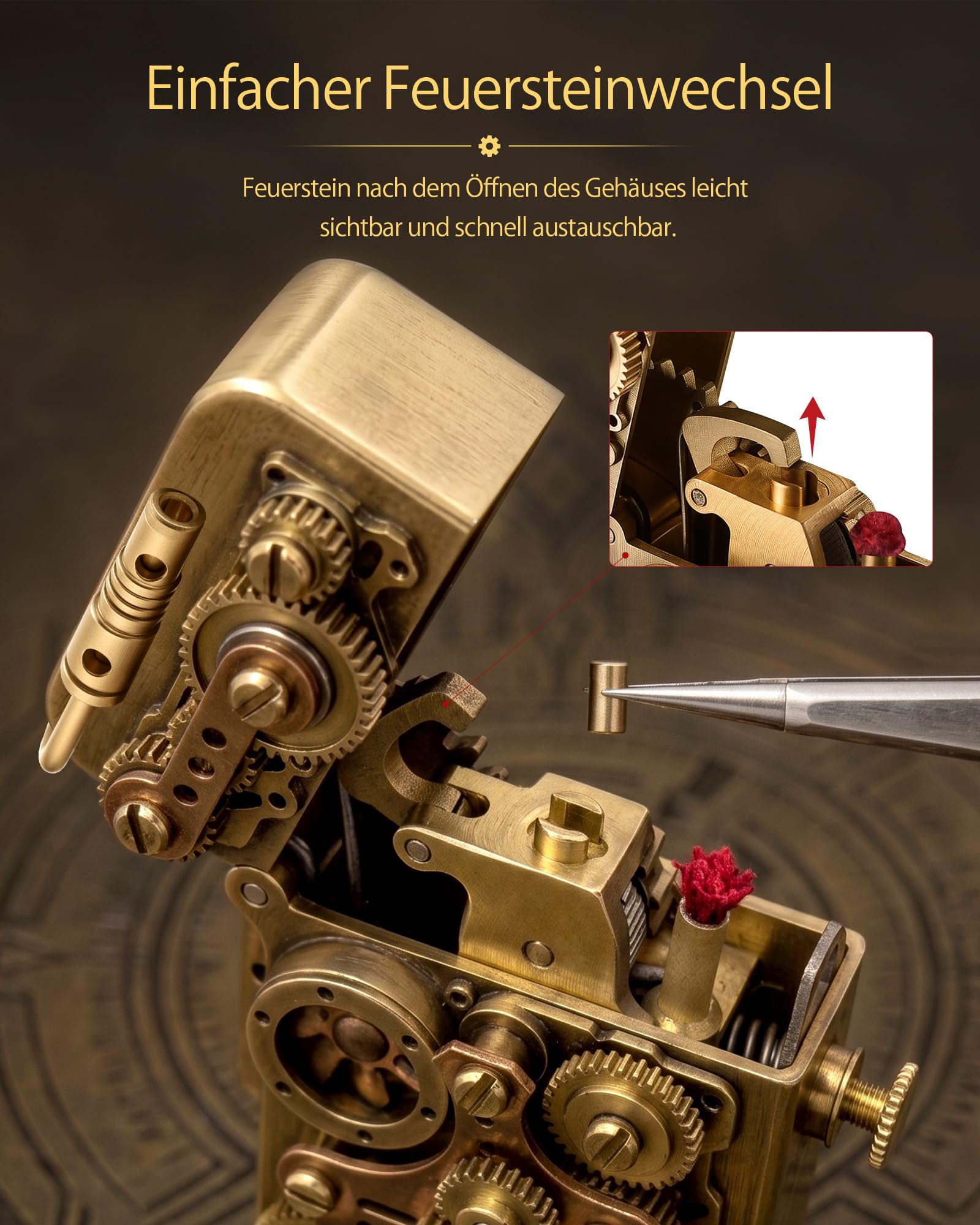 Einzigartiges Retro Soft-Flame Kupfer Mechanisches Kerosin Feuerzeug Automatische Zündung Nachfüllbar Steampunk Schaltgestänge Sicherheitsschloss Luxus Komplex Sammlerstück Geschenk für Freund Thorens | Einzigartige automatische Zündung, nachfüllbares Ste