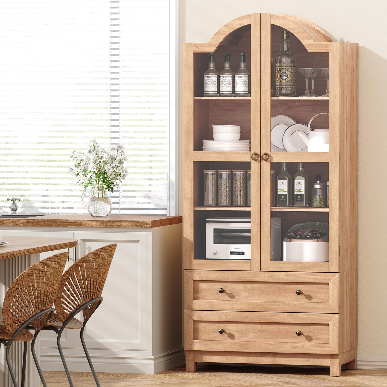 AMLANCHER 180cm Tall Kitchen Pantry Cupboard, Arched Kitchen Storage Cabinet with Acrylic Magnetic Clasp Door and 2 Large Drawers, Adjustable Shelf, for Living Room, Dining Room, Natural