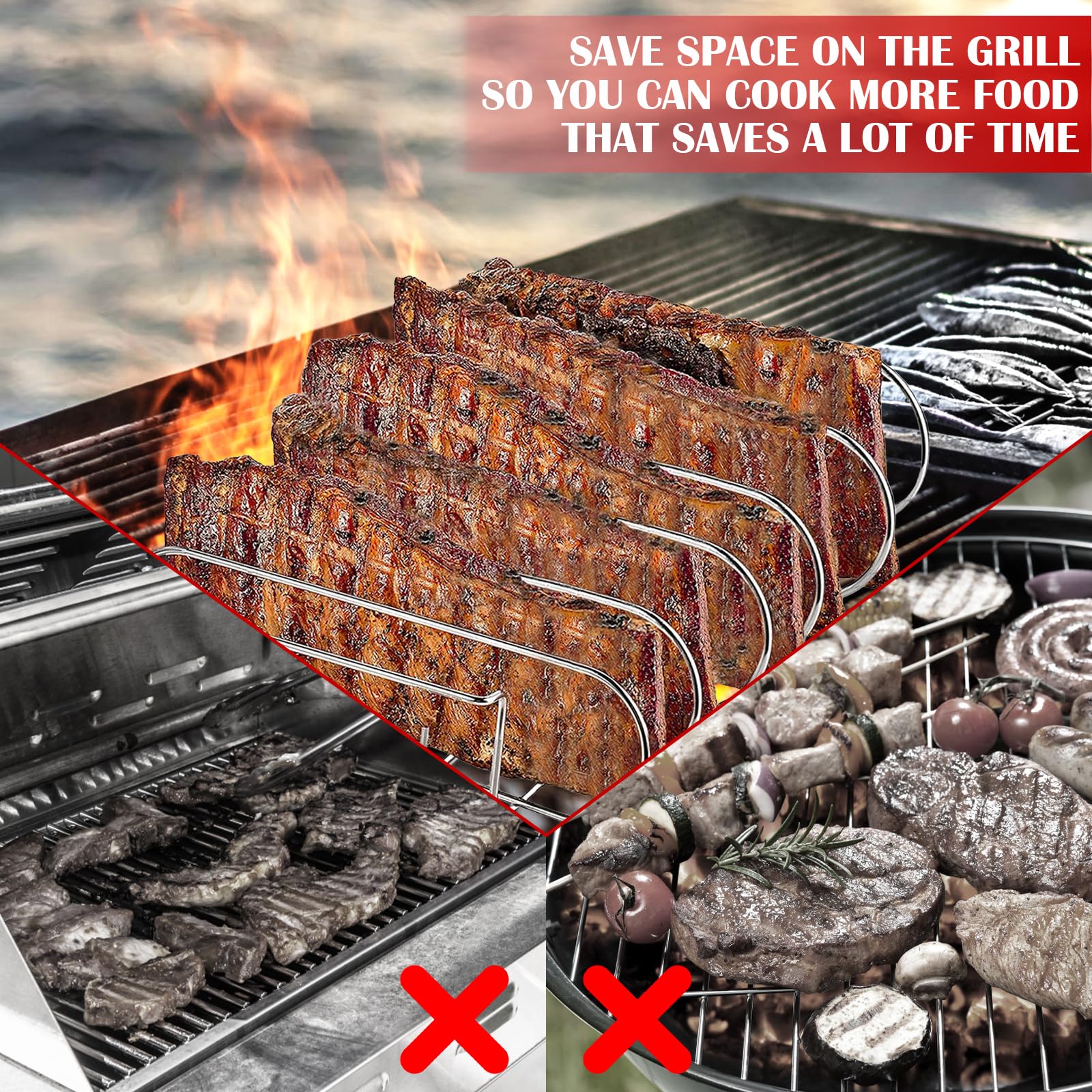 Supporto Bistecche e Costine in Acciaio Inox, Supporto per Arrosto Bistecca, Cestello per BBQ Rib Rack, Spareribs Halter Grill, Telaio Griglia Barbecue 2 in 1 con 2 Pennello