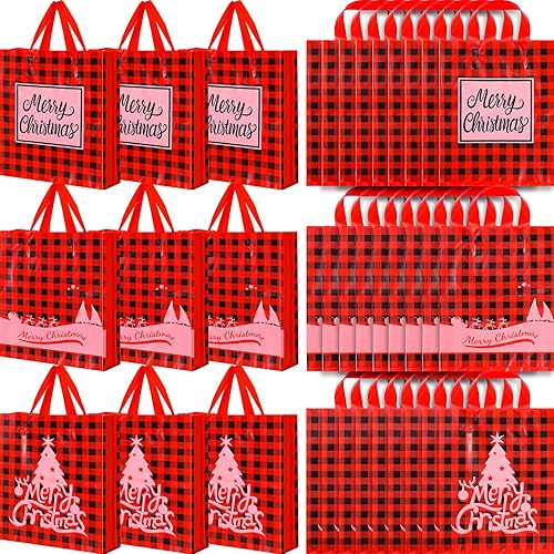 Tenceur 150 bolsas de regalo de plástico de Navidad, bolsas de mercancía de Navidad de 10 x 13 pulgadas, bolsas de compras a cuadros con asas,