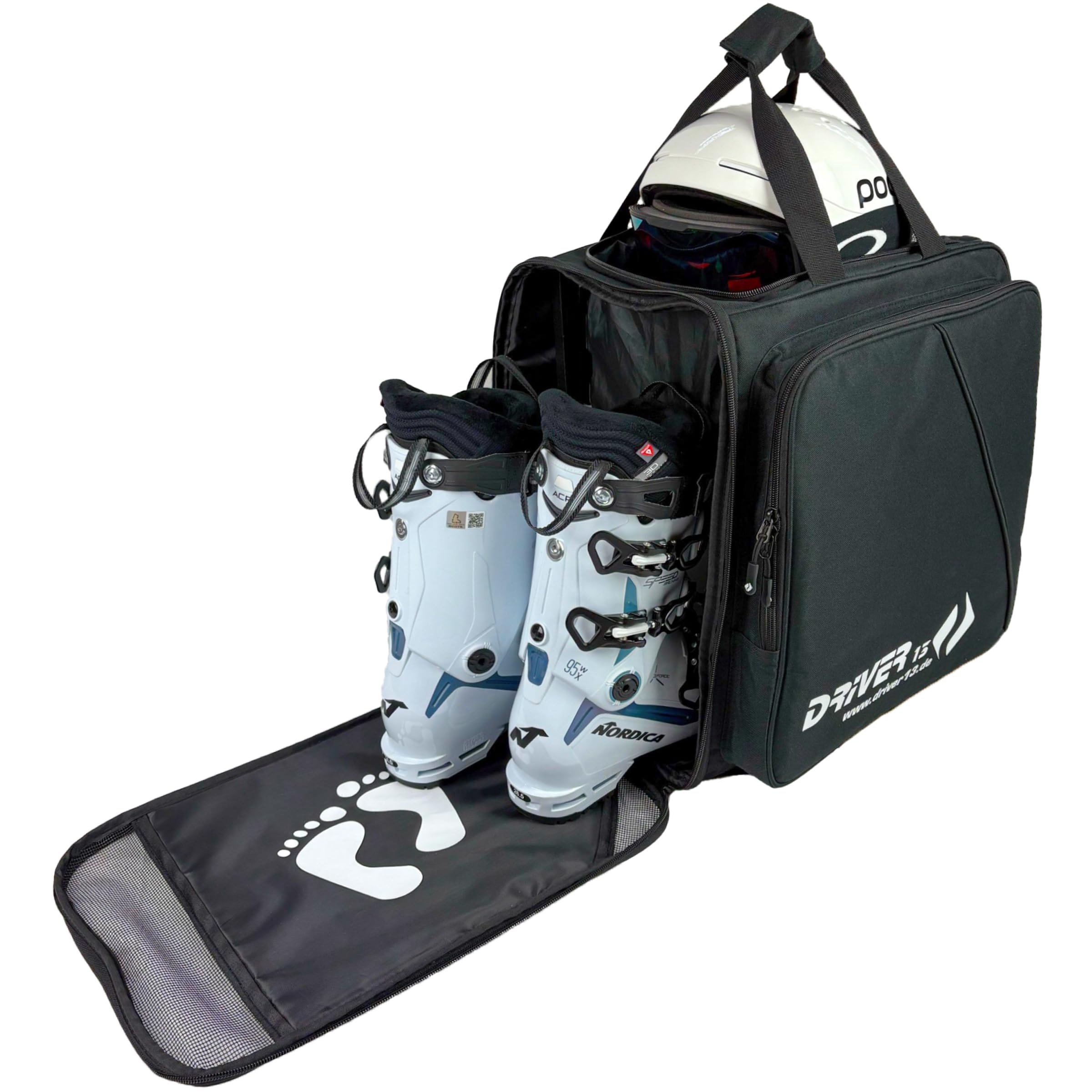 Driver13 Sac à Dos pour Chaussures de Ski avec Compartiment Casque, bootbag Sac à Dos pour Chaussures de Ski, Boots de Snowboard et Rollers, Dimensions 40 x 28 x 44 cm, Noir