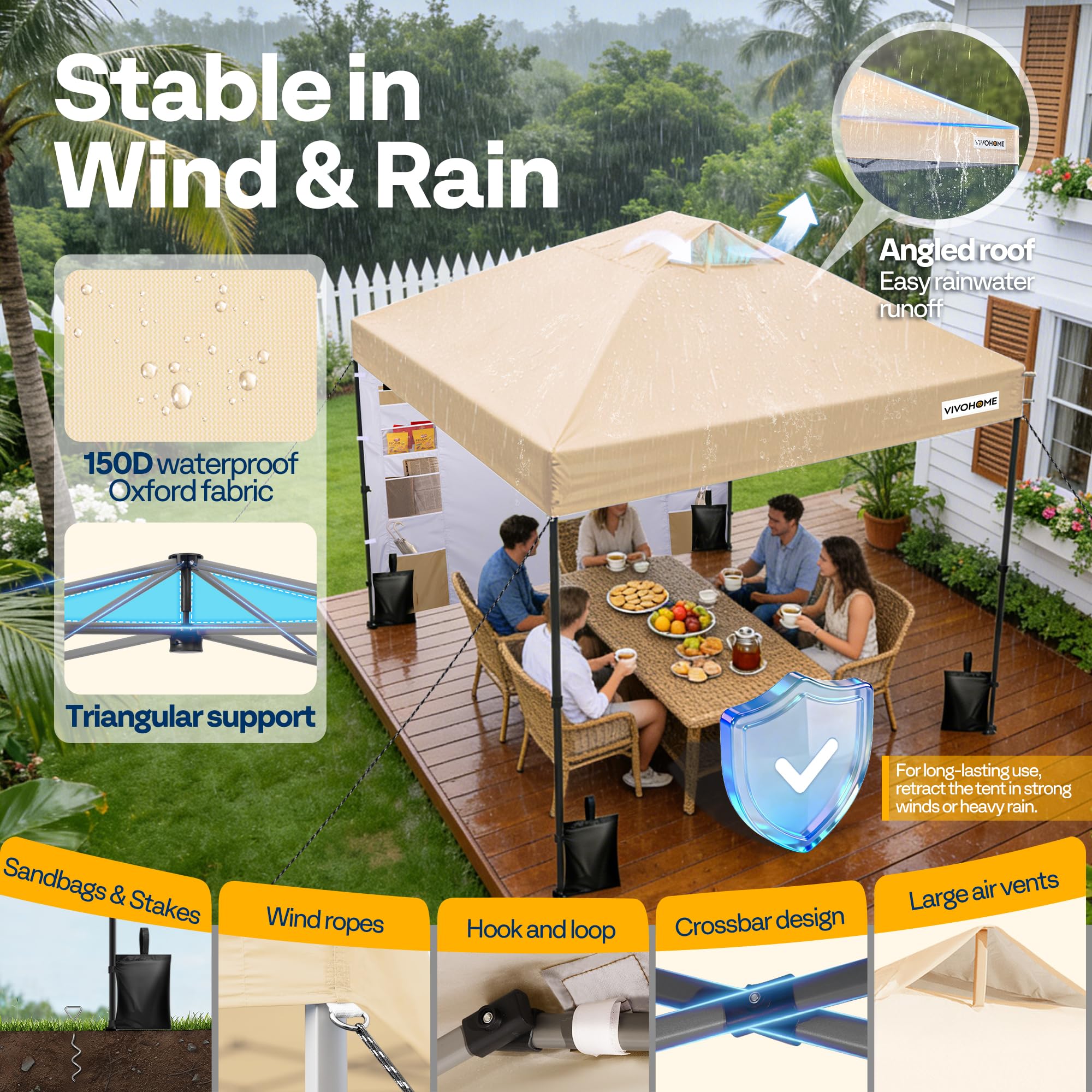VIVOHOME Carpa Plegable 3x3m Cenador de Jardín con Pared Lateral Altura Ajustable Impermeable Anti-UV Gazebo con Ventilación para Playa 4 Bolsas de Arena con Ruedas para 8-10 Personas