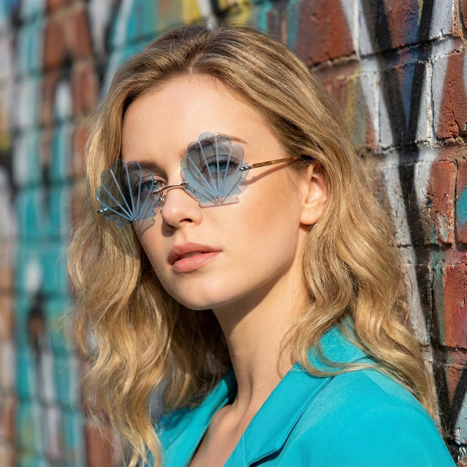 Seashell Sunglasses-1pcs Rimless Wave Sunglasses Shell Shaped Eyeglasses Photo Prop Funny Sunglasses for Party(blue) - Image 2