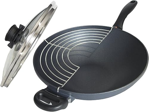 Swiss Diamond Wok Wok HD antiadherente de aluminio recubierto de diamante de 12.5 pulgadas, 5.3 cuartos de galón, incluye tapa y estante de tempura
