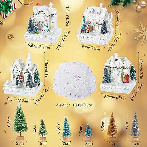 Miniatura 2 de Juego de 15 piezas de accesorios de pueblo de Navidad, 4 casas de pueblo de Navidad iluminadas con LED, 10 árboles esmerilados de 3.5 onzas, nieve