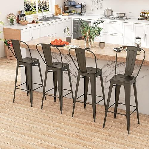 Miniatura 2 de COSTWAY Juego de 4 taburetes de bar de metal, con respaldo extraíble, taburetes de barra de 30 pulgadas de altura con patas de goma, sillas