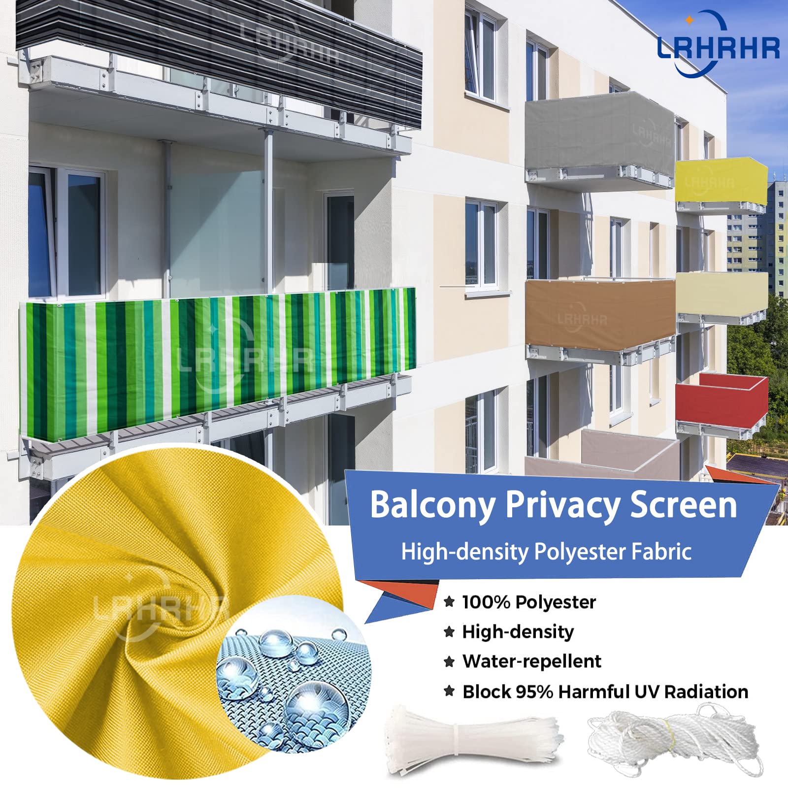 Osłona balkonowa, ochrona przed wzrokiem, na patio, wodoodporna blokada UV, osłona balkonowa z opaskami kablowymi i liną, żółta, 100 x 750 cm
