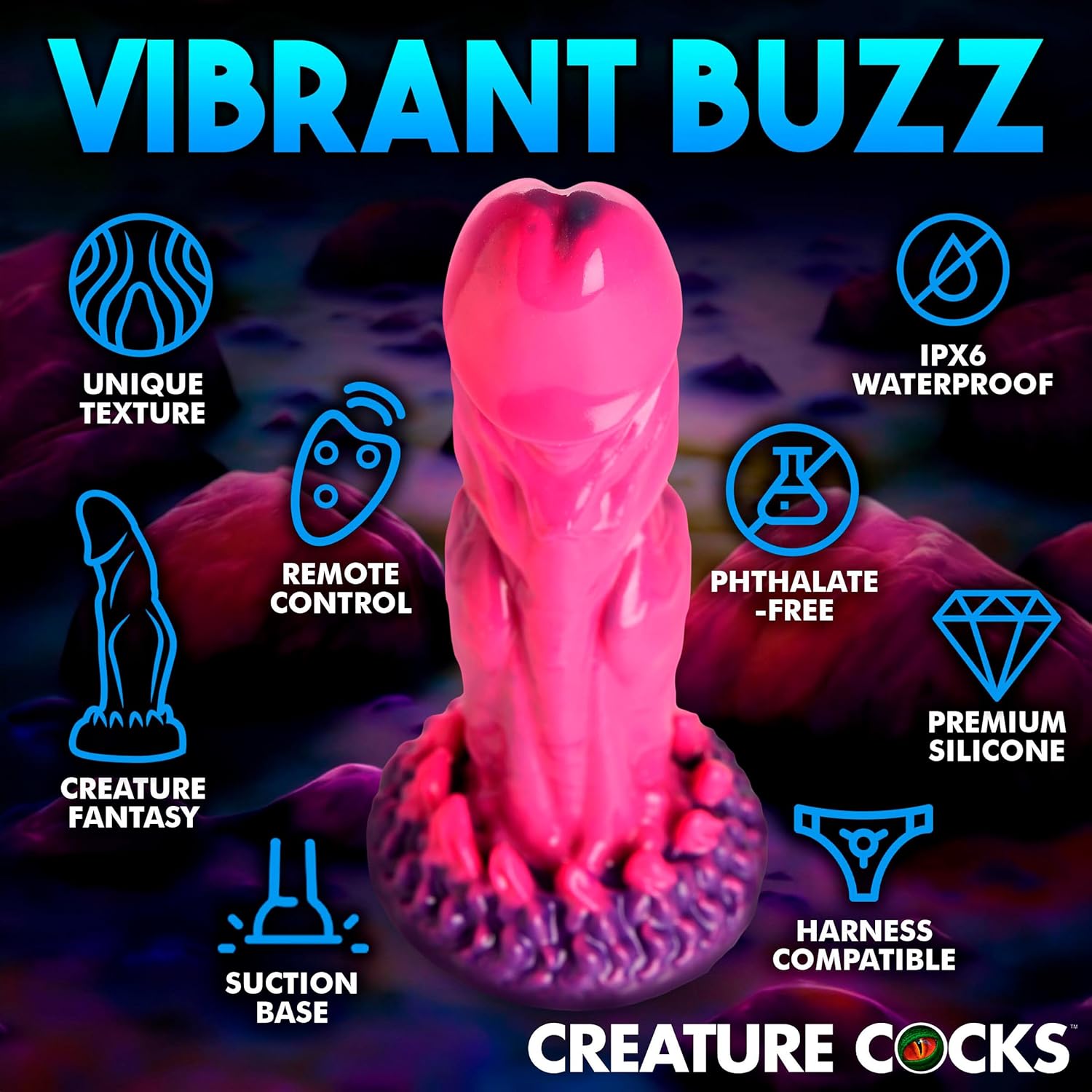 CREATURE COCKS Xenox Vibrating Silicone Dildo with Remote for Men, Women, & Couples. Fantasy Dildo, Stimulating Textures. Rechargeable & Waterproof. 2 Pieces, Pink.