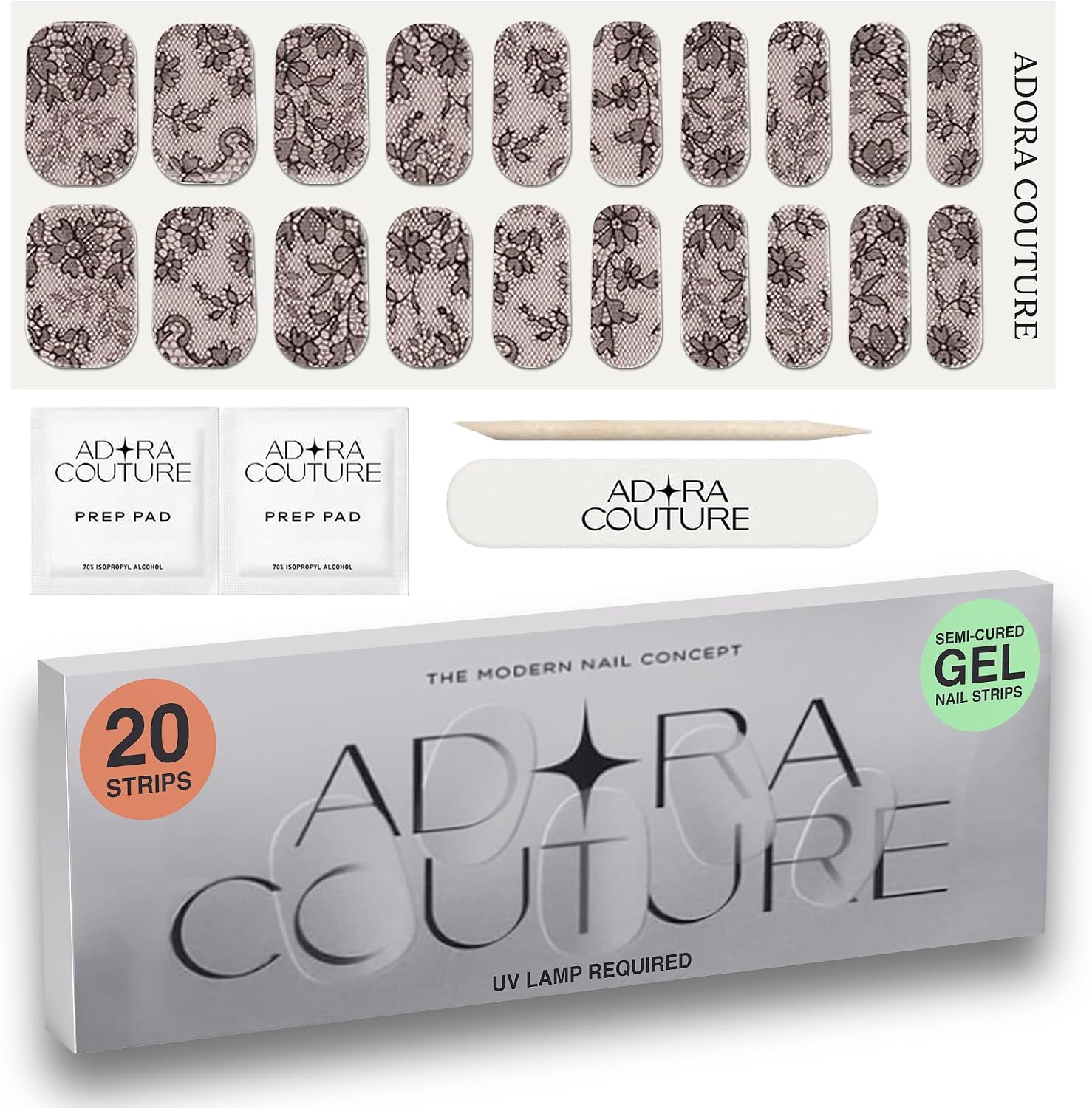 Adora Couture Semi Cured Gel Nail Strips with 20 Pieces - UV Gel Stickers, Manicure Kit, Easy Application Wraps Includes Prep Pads, Nail File, Wooden Stick - UV Light Required (Midnight Lace)