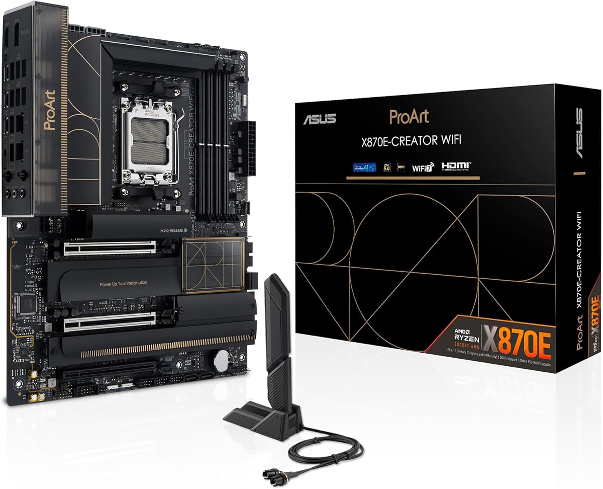 ASUS PROART X870E-CREATOR WiFi – Carte mère Gaming AMD Ryzen AM5 X870 ATX (DDR5, 16+2+2 DrMOS, PCIe 5.0, 4 x M.2, USB4, 10 GB & 2.5 GB LAN, HDMI, WiFi 7, Aura Sync RGB)