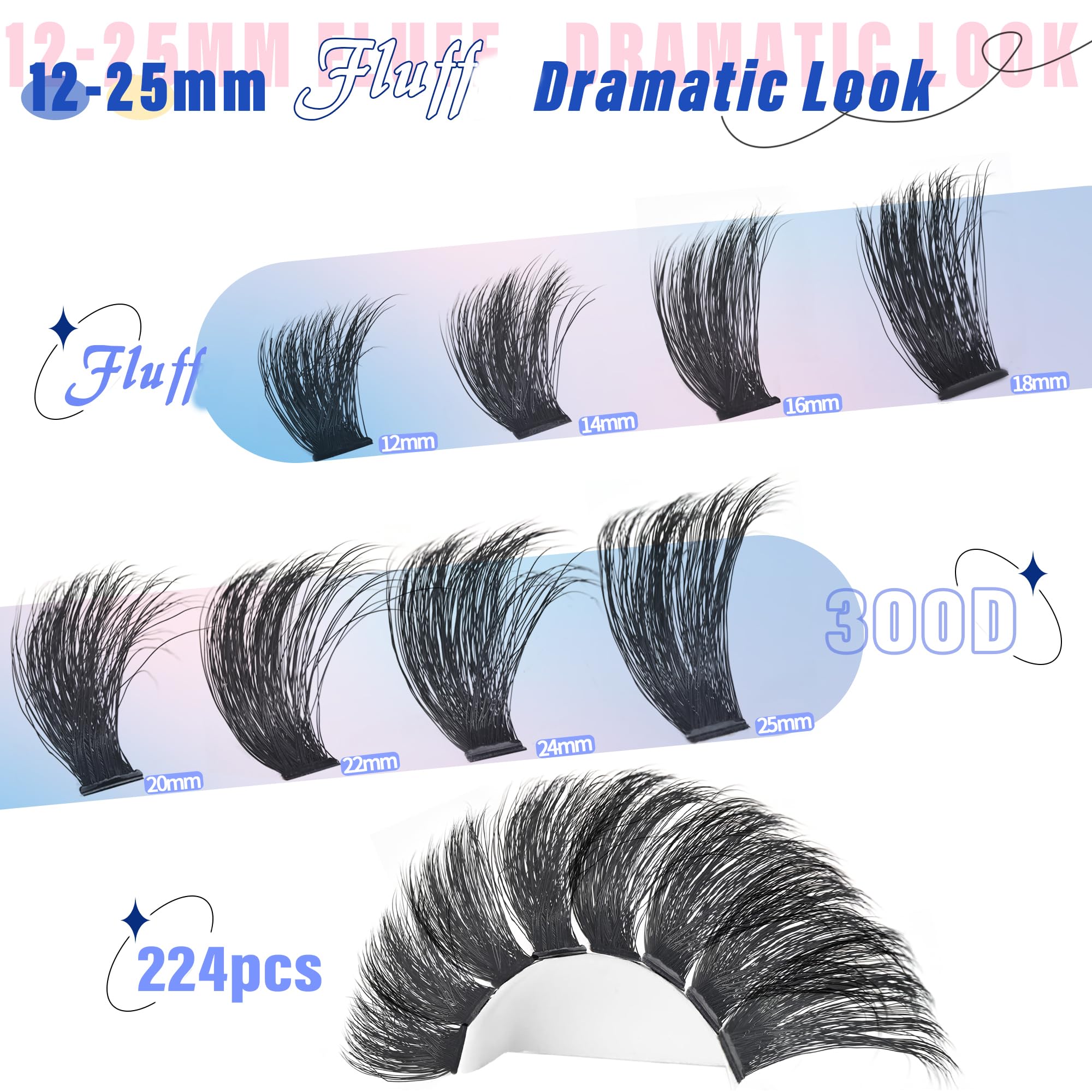 Wimpern-Cluster, 300D, dick, lang, 12–25 mm Volumen, Cluster-Wimpern, 224 Stück, Wispy, einzelne Wimpern, D-Curl, wasserdicht, weiche falsche Wimpern, DIY zu Hause, von Yaiseiko